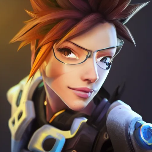 Image similar to portrait of tracer from overwatch, unreal engine 5, trending on art station