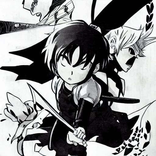 Prompt: young anime hero with a sword, illustrated by mato and ken sugimori, studio ghibili, manga, black and white illustration