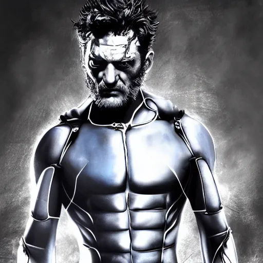 Image similar to Tom Hardy as wolverine in Black Damaged leather suit Digital art 4K quality Photorealism