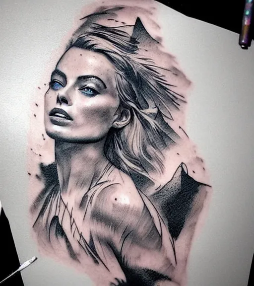 Image similar to beautiful durrealist double exposure tattoo sketch of margot robbie and beautiful mountains mash up, in the style of matyas csiga halasz, amazing detail, sharp