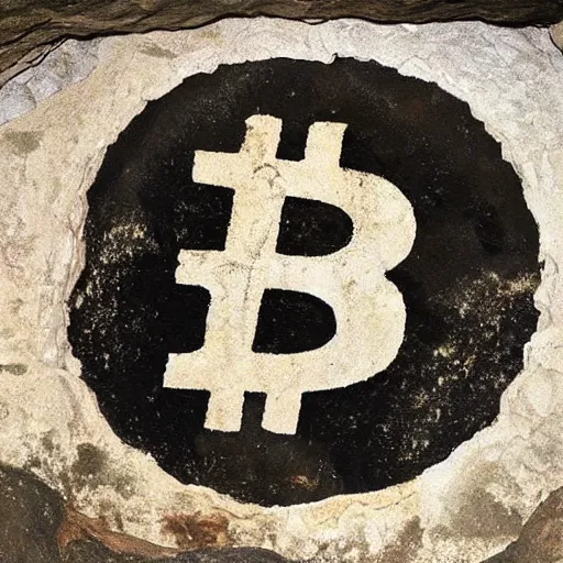 Prompt: ancient cave coal painting of bitcoin logo and few animals