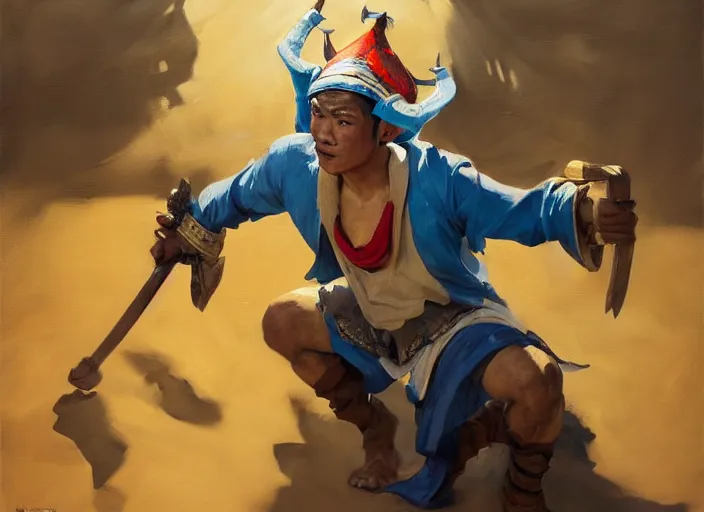 Image similar to greg manchess portrait of a filipino fighting wearing a jester hat in a victorious pose in an arena, organic painting, sunny day, matte painting, bold shapes, hard edges, street art, trending on artstation, by huang guangjian, gil elvgren, ruan jia, randy vargas, greg rutkowski