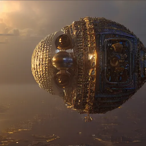 Prompt: enormous flying city in a faberge egg, sky, steampunk, fantasy art, masterpiece, unreal engine 5