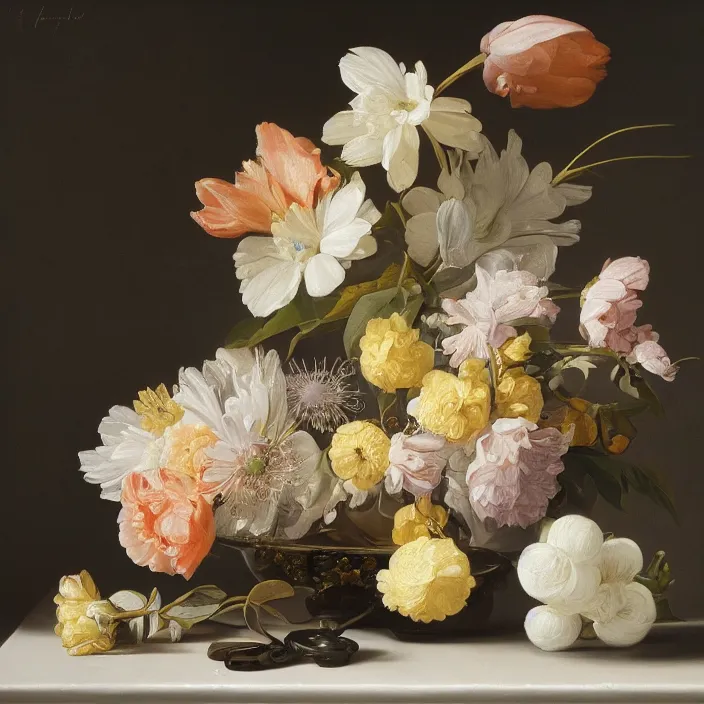 Prompt: still life painting of a beautiful bouquet of flowers by pieter claesz, oil on canvas, strong lighting, highly detailed, hyper realism, golden hour, god rays, hd, 4 k