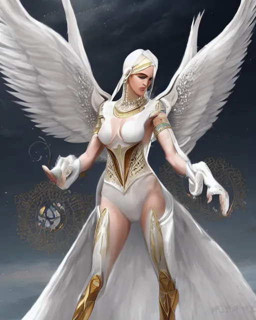 Image similar to perfect white haired egyptian queen emma watson wearing white dove wings warframe armor regal attractive ornate sultry beautiful dreamy digital art painted by wlop trend on artstation, movie key visual