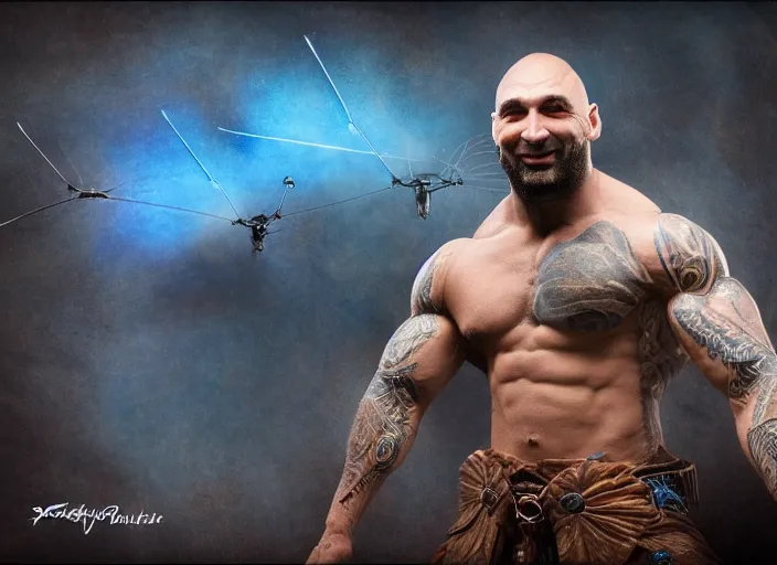 Prompt: blue dave bautista with antennas. fantasy magic style. highly detailed 8 k. intricate. nikon d 8 5 0. award winning photography.