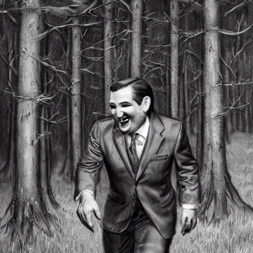 Image similar to Ted Cruz with a wide grin chases you through a dark forest, black and white, creepy lighting, scary, horror, ornate, eerie, fear, oil painting