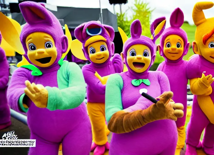 Image similar to photo still the teletubbies on stage at the vans warped tour!!!!!!!! at age 3 6 years old 3 6 years of age!!!!!!!! playing weird instruments, 8 k, 8 5 mm f 1. 8, studio lighting, rim light, right side key light