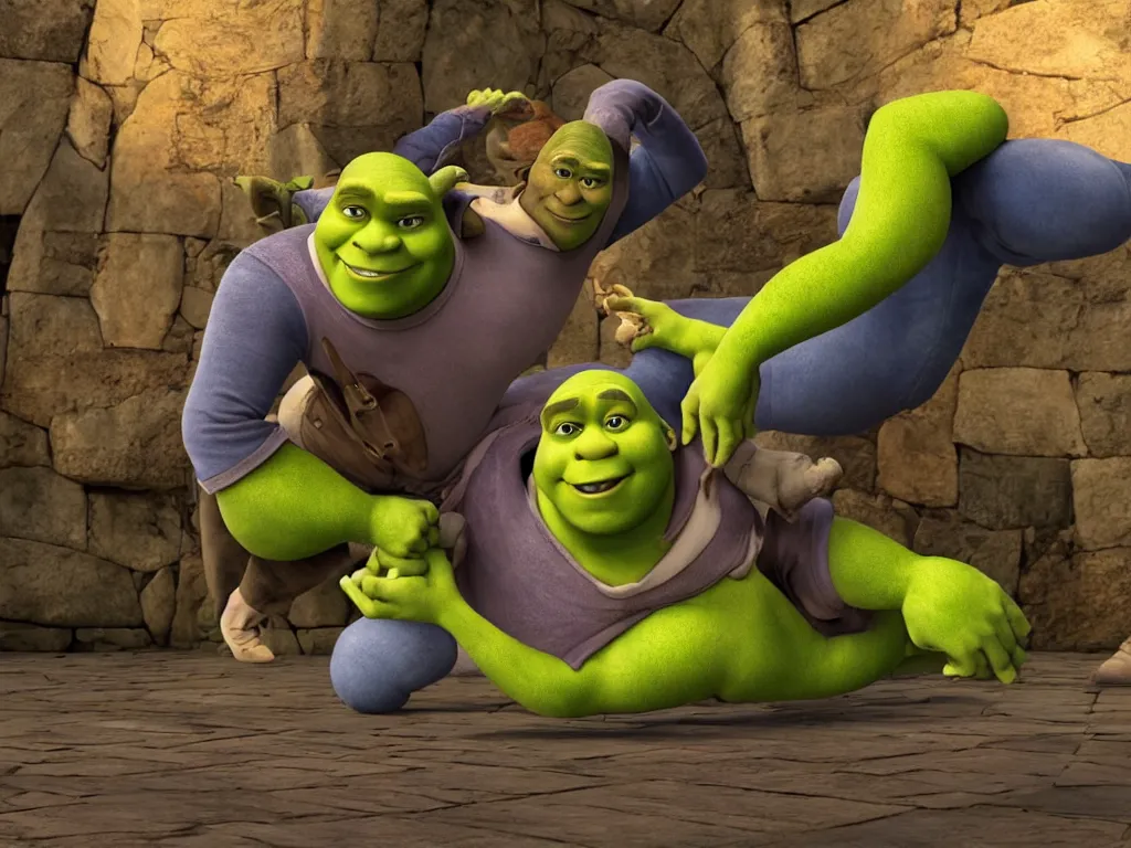 Image similar to shrek breakdancing while lord farquaad is in the back being impressed, High Definition detail, 8K, photography