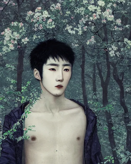 Prompt: a beautiful but creepy young korean man in layers of fear, with haunted eyes, violence in his eyes, wearing a punk outfit, 1 9 7 0 s, seventies, delicate embellishments, a little blood, woodland, moonlight shining on wildflowers, painterly, offset printing technique, by alexandre cabanel
