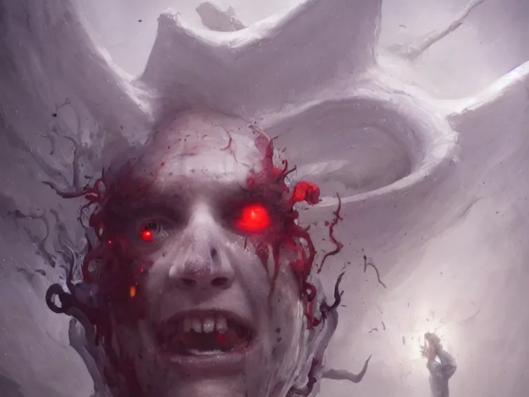 Image similar to painting by greg rutkowski a flying human head with tears running down it's face face that is chalk white in color, with long white!! tentacles!! coming out of the neck, fiery scorching red eyes, flying in a terrying hellish dark cavernous place