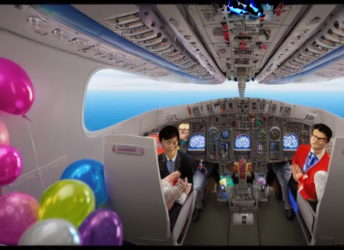 Image similar to boeing 737 cabin, many rich people, birthday party, party hats, string of balloons, one big birthday cake, realistic, insanely detailed, wide angle, Unreal 5 engine, trending on artstation, by Huang Guangjian and Gil Elvgren and Sachin Teng