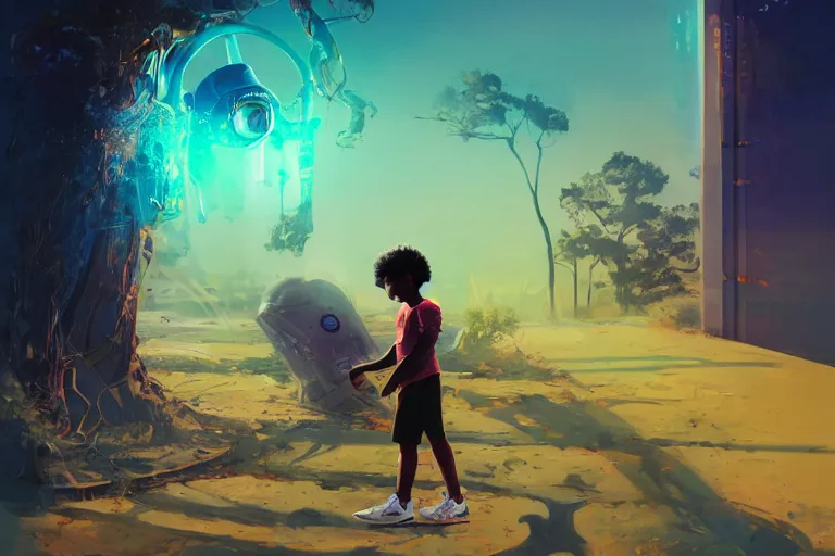 Image similar to a black kid playing with a futuristic robot in the nature, mixing solarpunk, afropunk, cyberpunk, ( ( ( ( volumetric light ) ) ) ), high angle, part by pearl fryar, part by prince damah, sunny day, trending on artstation, cinematic view, illustration, painting.