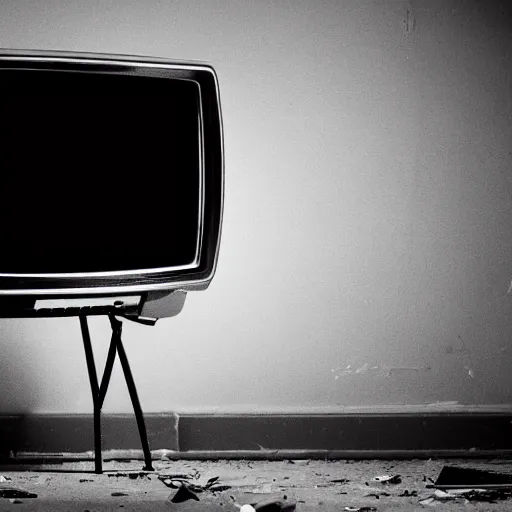 Prompt: a man sat in an abandoned room staring at a broken television and dreaming of infinite worlds