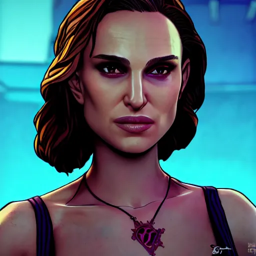 Image similar to natalie portman portrait, borderlands, tales from the borderlands, the wolf among us, comic, cinematic lighting, studio quality, 8 k