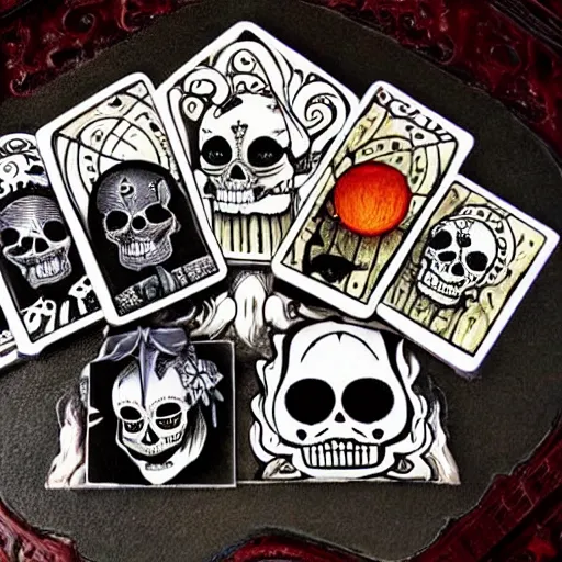 Prompt: haunted, skull, day of the dead, fortune teller, tarot, ouija