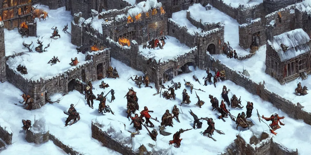 Prompt: RTS gameplay third person in style of Brueghel paintings, painting, Stronghold strategy gameplay, high detailed,dark fantasy, dark tones, medieval, snow, buildings, castle, armored units, cavalry,RPG, high detailed, contrast, octane render,mill, farm, creative