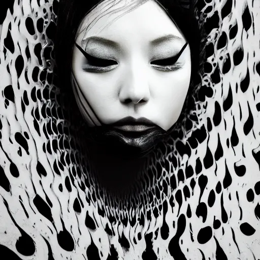 Image similar to beautiful woman in liquid fluid simulation, female upper body, beautiful supermodel, black wave patterns, cinematic light, surreal face portrait, cinestill, film still, body portrait, geisha, optical illusion, art noveau, magic hour, female balaclava, modelling pose, glamour, body acts