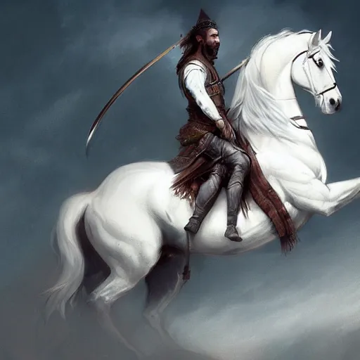 Image similar to a white horse The one who rode him carried arrows and a bow in his hand, and they gave him a crown, digital Art, Greg rutkowski Trending artstation
