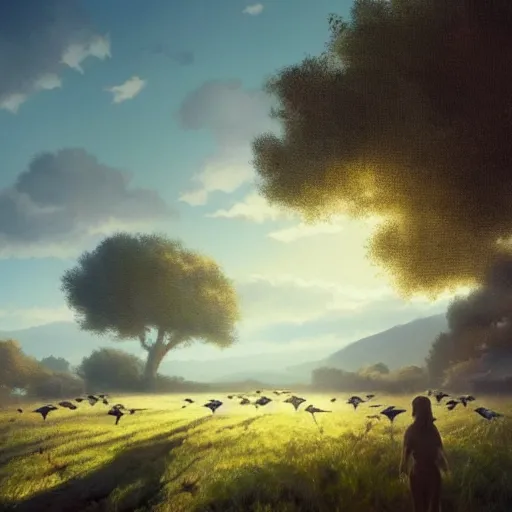 Prompt: flock of spanish swallow birds in avila, green fields, oaks, morning light, spring, 4 k, midday light, concept art, by wlop, ilya kuvshinov, artgerm, krenz cushart, greg rutkowski, pixiv. cinematic dramatic atmosphere, sharp focus, volumetric lighting, cinematic lighting, studio quality