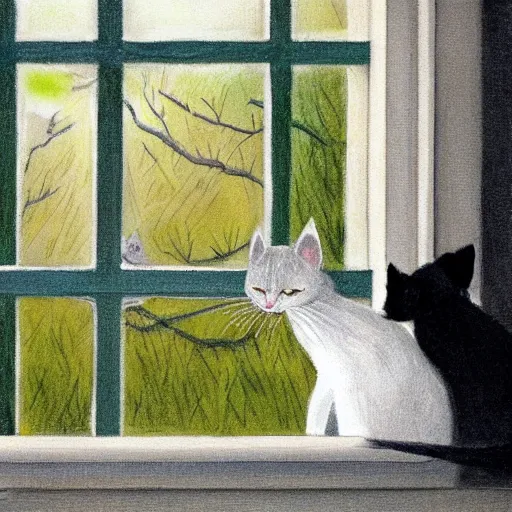 Image similar to two cats, one white and one gray, looking out a window in the rain, painted by tor lundvall