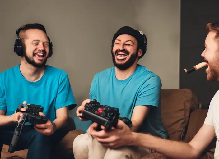 Image similar to Two buddies sitting in a room, smoking a hugh blunt and playing playstation 5, they both laugh maniacally. wideshot. 4k.