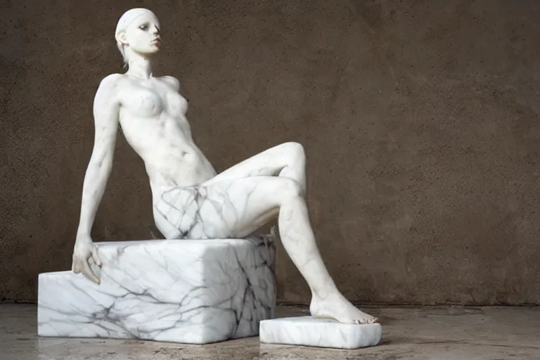 Image similar to a sculpture of a beautiful woman sitting on a chair, a white marble sculpture covered with floating wax by nicola samori, behance, neo - expressionism, marble sculpture, apocalypse art, made of mist