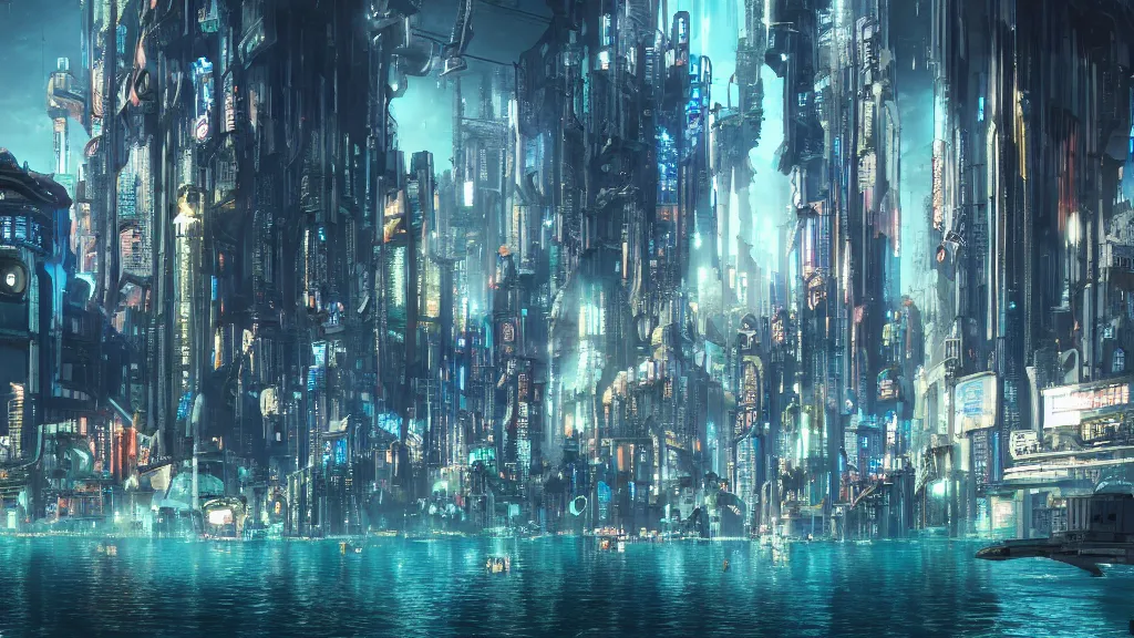 Image similar to epic grandiose cyberpunk city built underwater, fantasy, futuristic,, hyperrealistic, highly detailed, 4 k hd