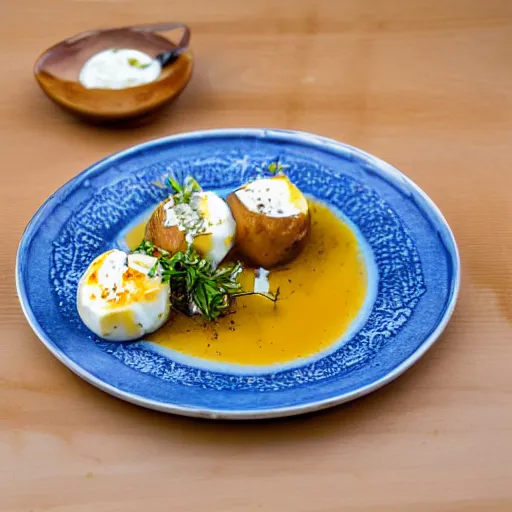 Prompt: dslr photograph of potatoes, goat cheese and honey sauce, michelin starred restaurant, award winning photography