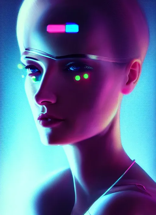 Image similar to portrait of female humanoid, intricate, retro 6 0 s cyberpunk high fashion, elegant, cyber neon lights, highly detailed, digital photography, trending in artstation, trending in pinterest, glamor pose, concept art, smooth, sharp focus, art by artgerm and greg rutkowski