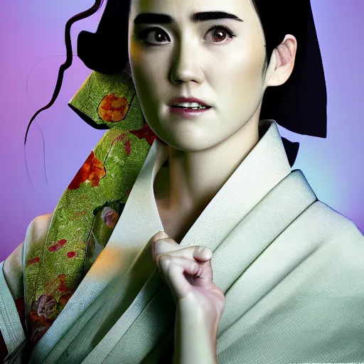 Image similar to Japanese Jennifer Connelly wearing kimono, realistic, photo studio, HDR, 8k, trending on artstation