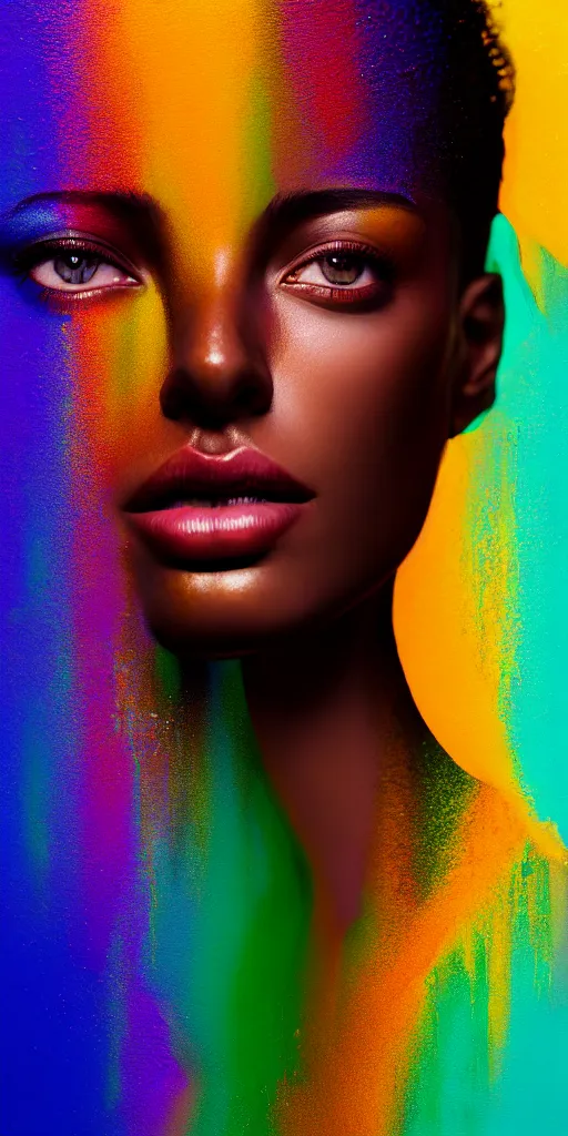 Prompt: photo half body portrait of very beautiful woman, face emerging from pool of colorful oils, brown skin, realism, extreme detail, real life, key art, soft light, volumetric light, 3 - d shadows, photo by james jean and wlop, photoshoot