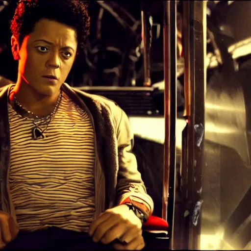 Image similar to movie still of bruno mars cyborg, cinematic composition, cinematic light, criterion collection, by edgar wright