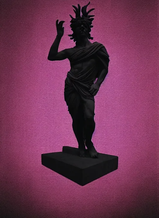 Image similar to elegant dark design poster showing a large greco roman statue of dionysus, black background with very subtle red and purple design elements, bold, powerful, soft gradients, nekro, vito acconci, thin straight purple lines, dark, glitch art, neo vaporwave, gritty, layout frame, square, trending on artstation