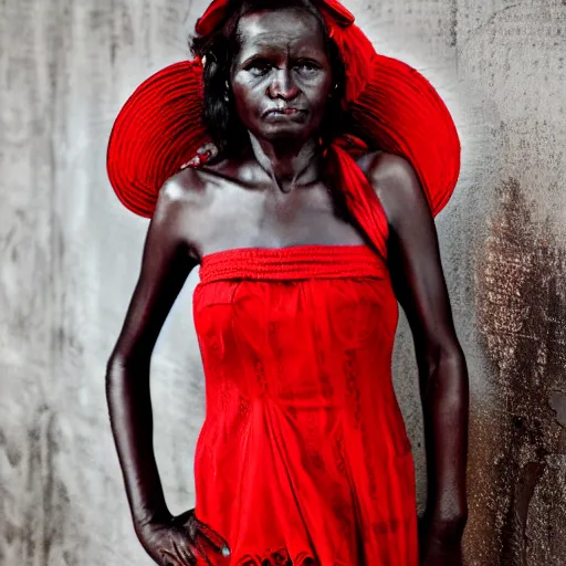 Prompt: photo of a woman in a red dress by eric lafforgue. professional photography.