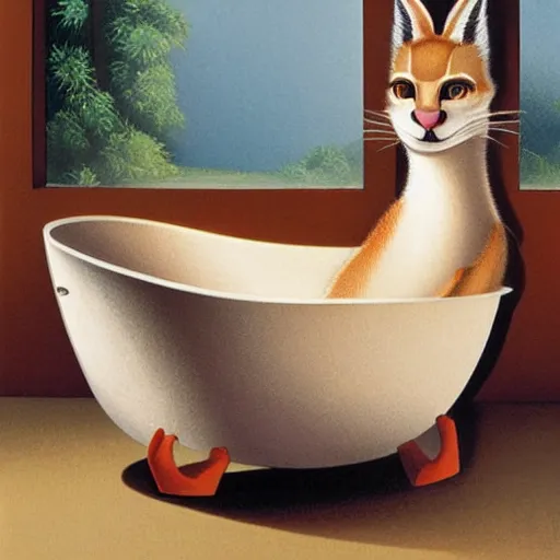 Image similar to cute caracal in bathtub, by Ralph McQuarrie