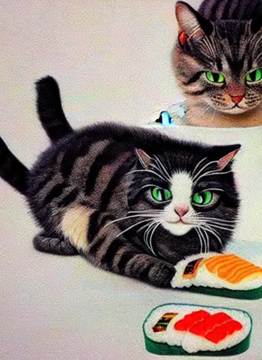 Image similar to clear photorealistic picture of adorable cats made out of sushi