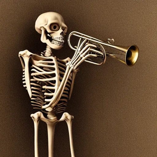 Image similar to a skeleton playing the trumpet, 3 d render, octane, ray tracing, ultra high resolution, ultra detailed, photorealistic, 8 k