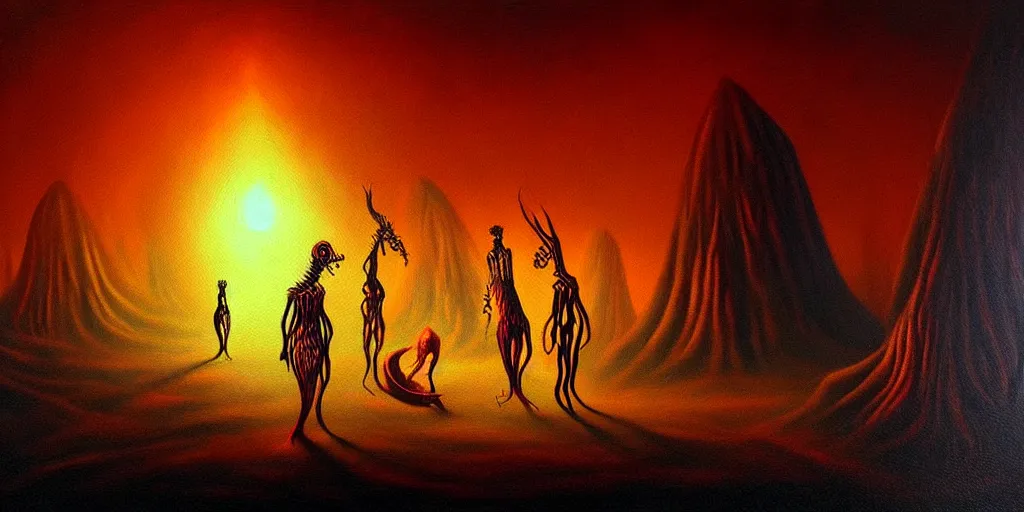 Prompt: creatures lurking in the collective unconscious, dramatic lighting from warm fire glow, in a dark surreal painting by ronny khalil