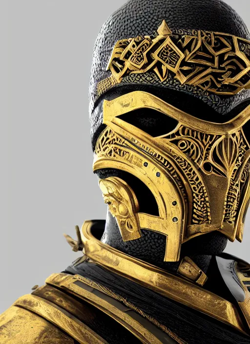 Image similar to concept art of ancient soldier wearing an armoured facemask, with intricate carving details in black and gold, ultra realistic, octane render, 8 k, hd, realistic lighting