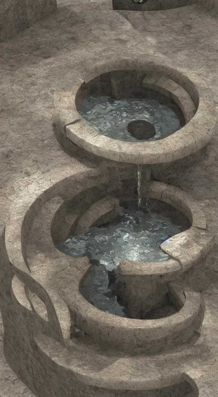 Prompt: a stream of water entering into a machine made from amphoras and producing a large coin, in the style of a fountain, futuristic, 3 d render, isometric, engineering, dynamic lighting, clay texture, 8 k