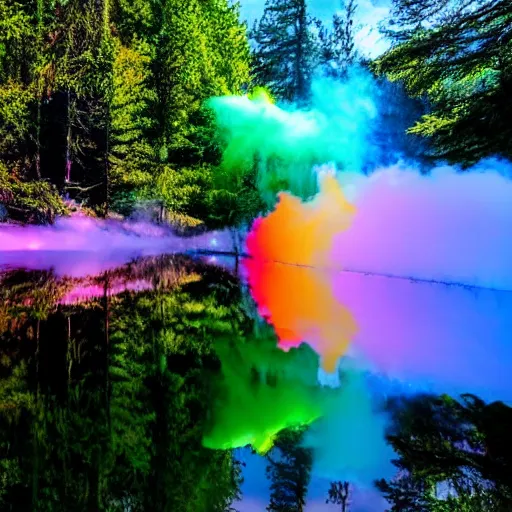 Image similar to rainbow neon sign half circle in water reflected on misty mountain lake at midday, surrounded by beautiful forest, sunny summertime sunlit daylight, twisting smoke bomb, hdr, smoke on water, 4 k, award winning photography, volumetric lighting, artstation