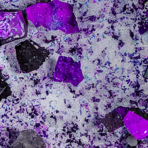 Prompt: purple shattered paint, broken glass, lava!!!, conglomerate, slush, organized composition, satellite photo, 4k
