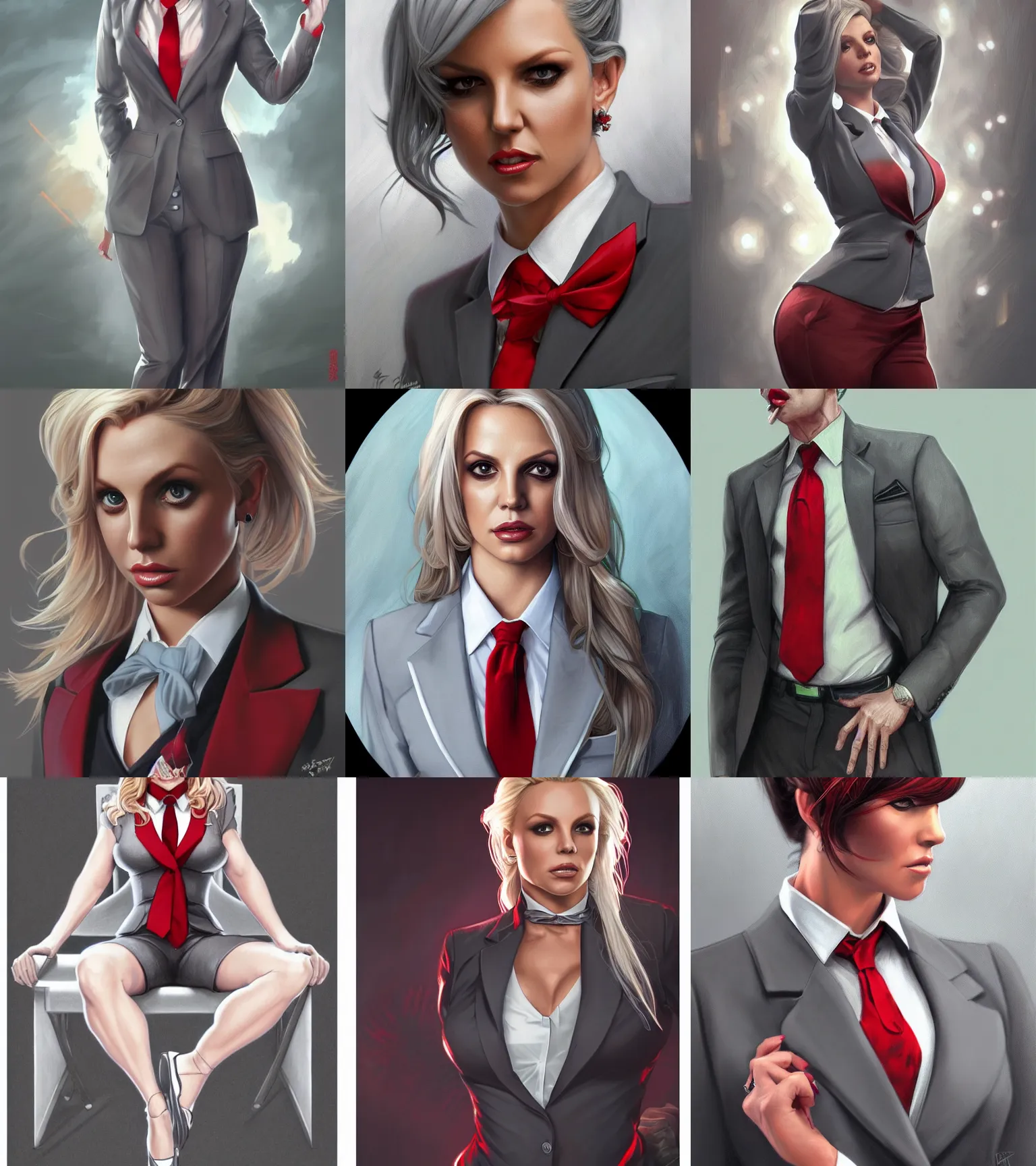 Prompt: britney amber, wearing a business suit, grey hair, red necktie, cinematic, stunning, highly detailed, digital painting, artstation, smooth, hard focus, full body shot, illustration, art by artgerm and greg rutkowski and alphonse mucha