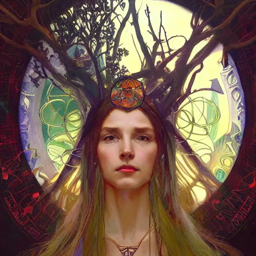 Image similar to an acrylic on canvas portrait of a Visionary Urban Shaman Lightworker Alchemist Druid, Mystery, Love, wholeness, rooted lineage, web of life, open eye freedom by Greg Rutkowski, Artgerm and Alphonse Mucha. Epic fantasy art.