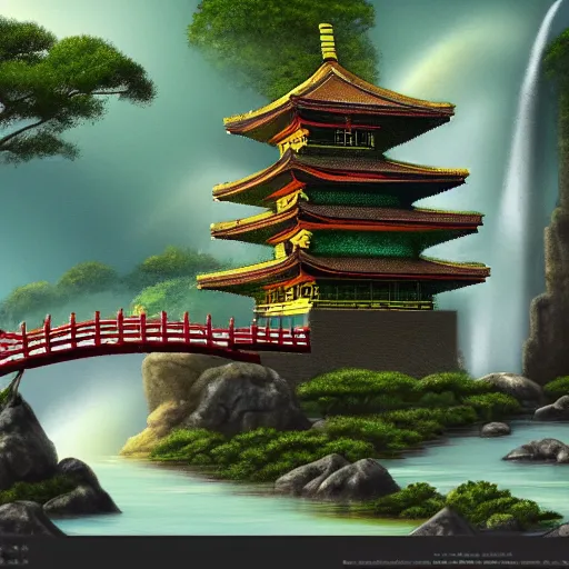 Prompt: ancient japanese landscape with two pagodas connected by a bridge, in front of a waterfall and surrounded by vegetation, digital painting, trending on artstation