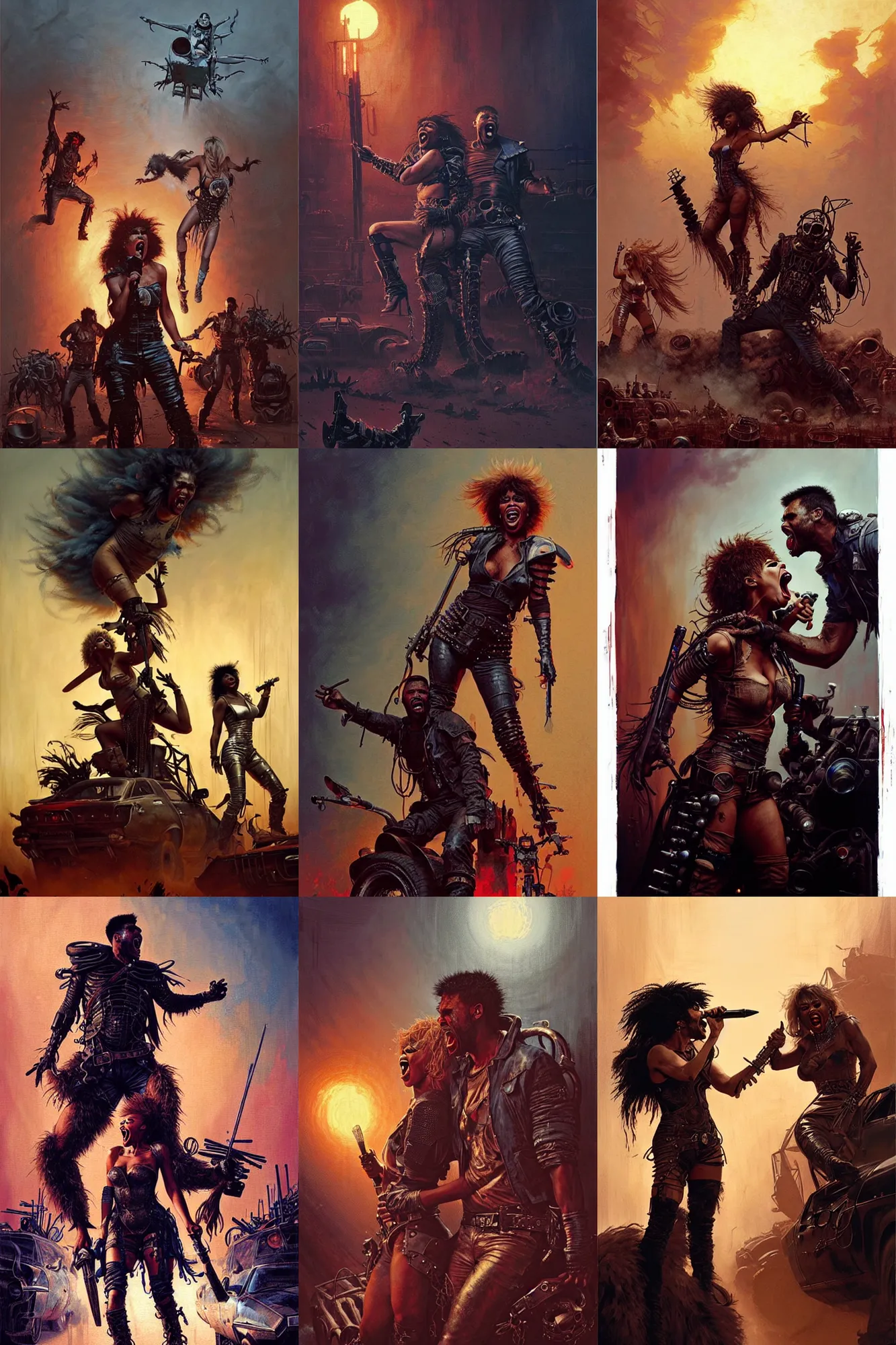 Prompt: mad max and tina turner singing we don't need another hero, painting by james jean and greg rutkowski and thomas kinkade, very thunderdome and apocalyptic and fun and silly and explosive and weird