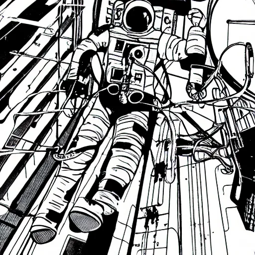 Image similar to astronaut exploring a derelict by frank miller