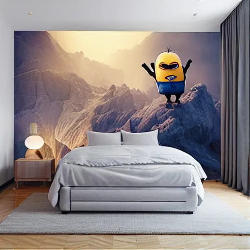 Image similar to a cozy bedroom interior with wall murals of giant minions, detailed, high resolution, wow!, intricate, volumetric lighting, raytracing