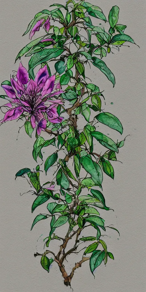 Prompt: water color and pen, high resolution, detailed, trending on artstation, alien tea plant